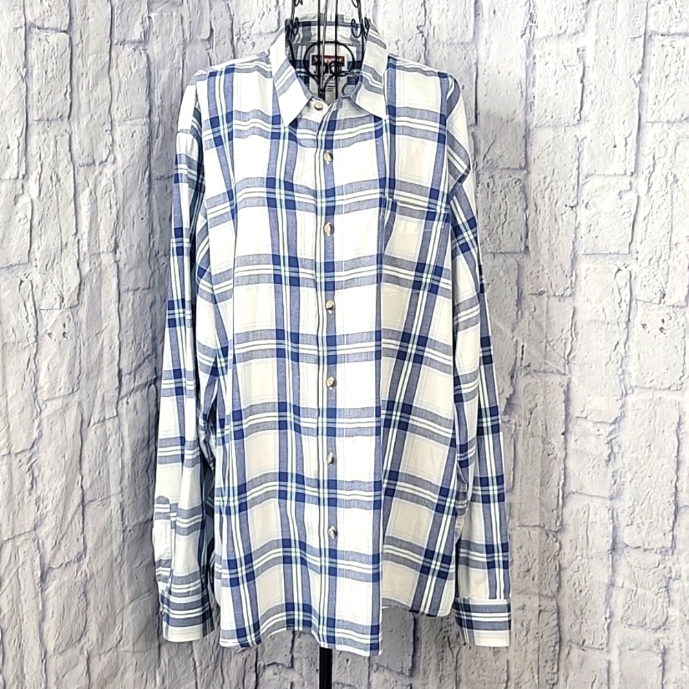 WRANGLER JEANS CO. Blue,‎ White, Green Plaid Men's Shirt 2XL